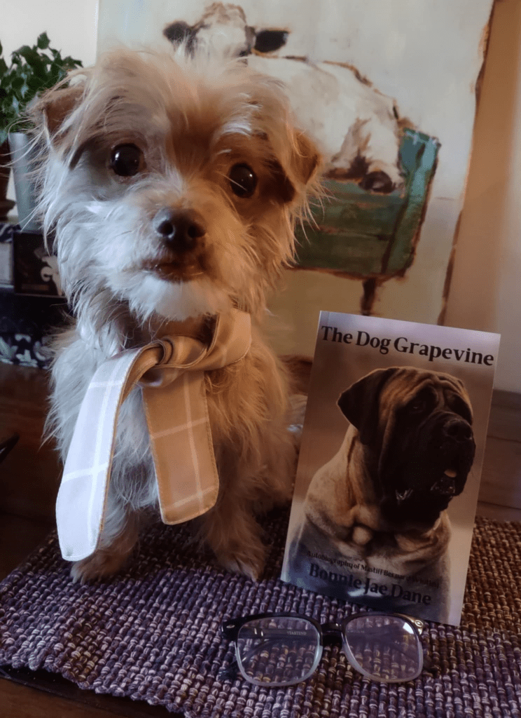 Bonnie's dog Lily with a copy of The Dog Grapevine