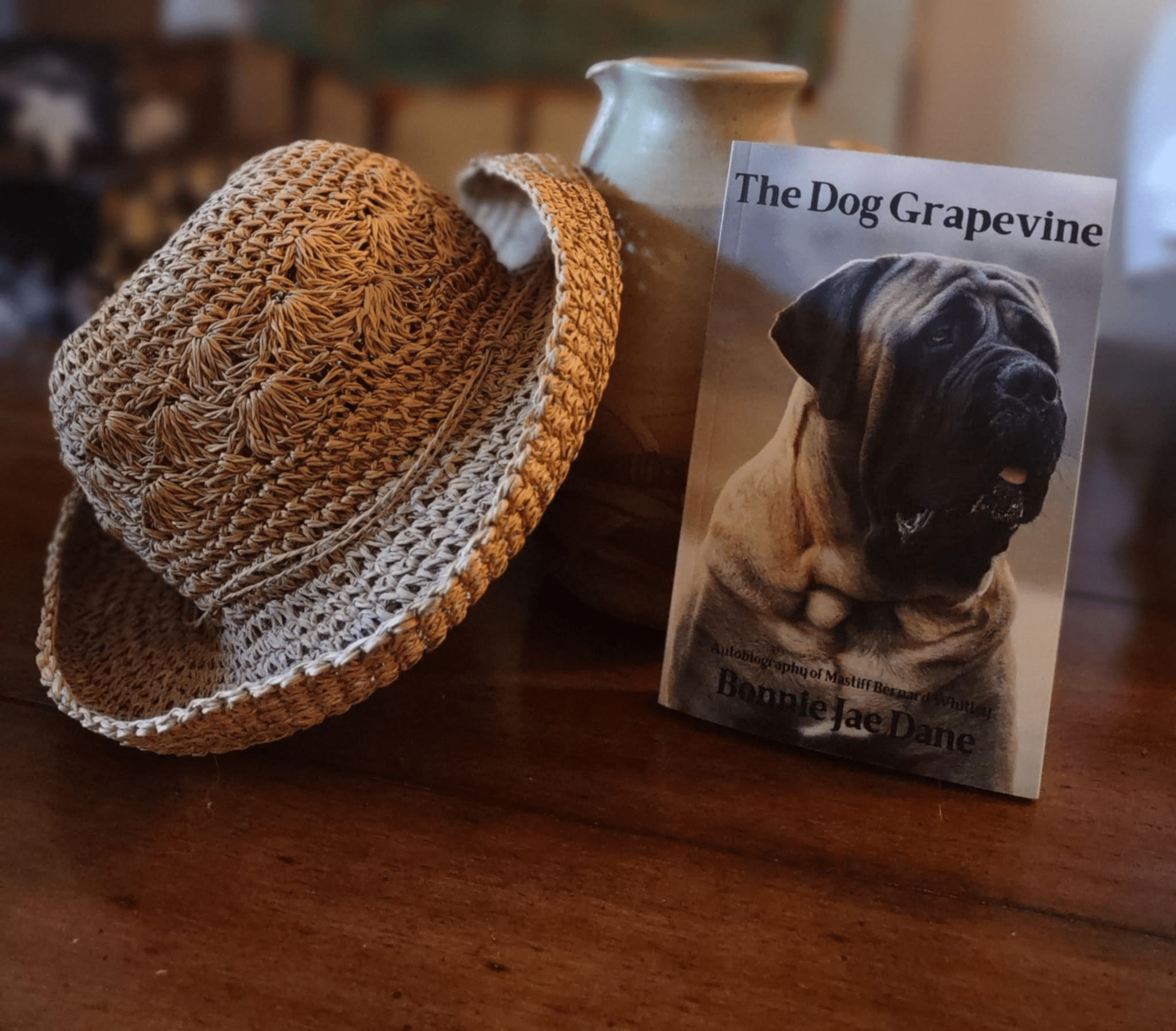 The book The Dog Grapevine by Bonnie Jae Danewith a straw hat